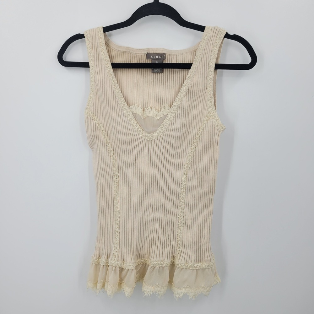Vtg Y2K Coquette Fairy Grunge Romantic Ribbed Knit Tank Top Lace Ruffle Sz M
